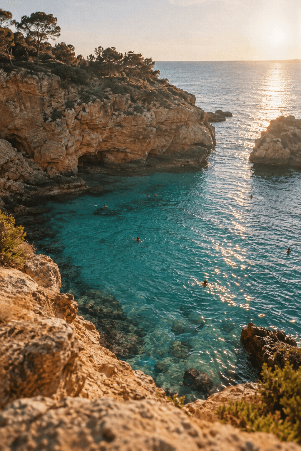 Sunlit cliffs around a turquoise Mediterranean cove
